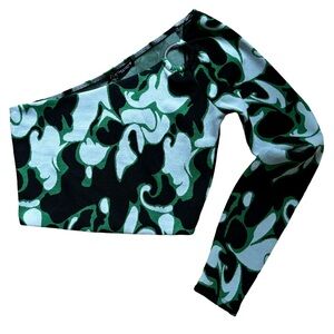 Zara Green and Black Camouflage One-Shoulder Crop Top
